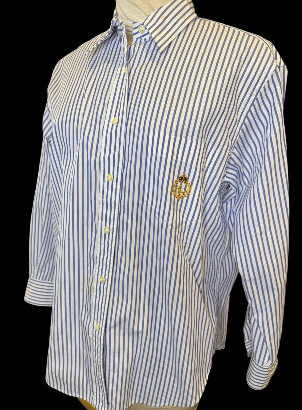 Lauren Ralph Lauren Vertical Stripe Button Front Blouse Large Vintage Crest - Picture 4 of 11